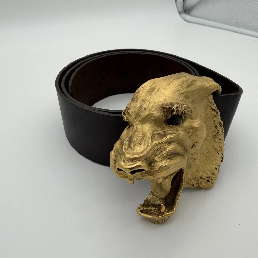Vtg Christopher Ross Belt Buckle Snarling Angry Dog Wolf 1976 Gold Plate Metal